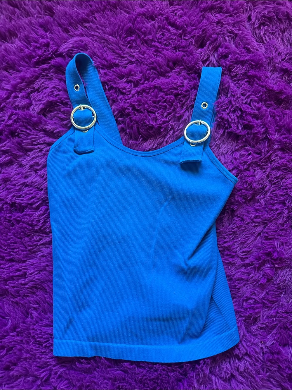 Bright Blue Ribbed Camisole with Gold Buckle Straps